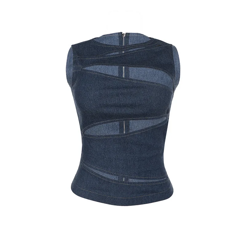 Hot Girl Hollow out Imitation Denim Vest Top Women's Faion Summer 2024  Color Regular Fit Svel Tank Top