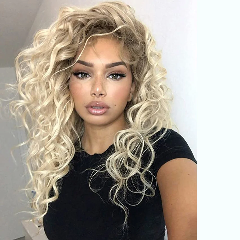 GNIMEGIL Synthetic Long Curly Wigs for Women Ombre Blonde Wig with Bangs Costume Wig for Girls Sexy Blond Wigs with Dark Roots