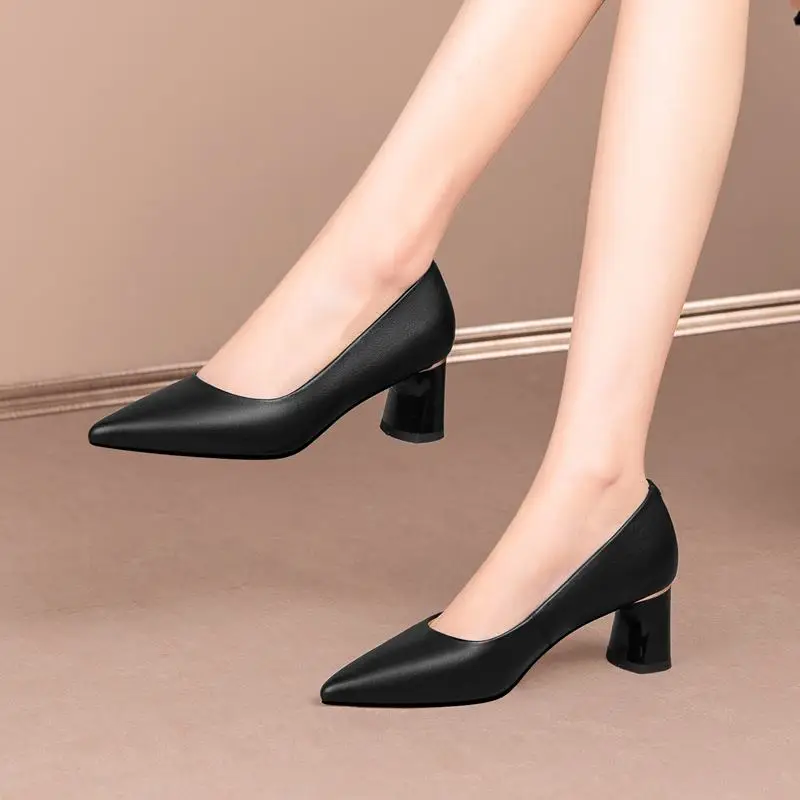 

Size 33-43 Real Genuine Leather Women Heels Shoes Commute Pointed Toe Simple Fashion Leisure Pure Color Thick High Heels