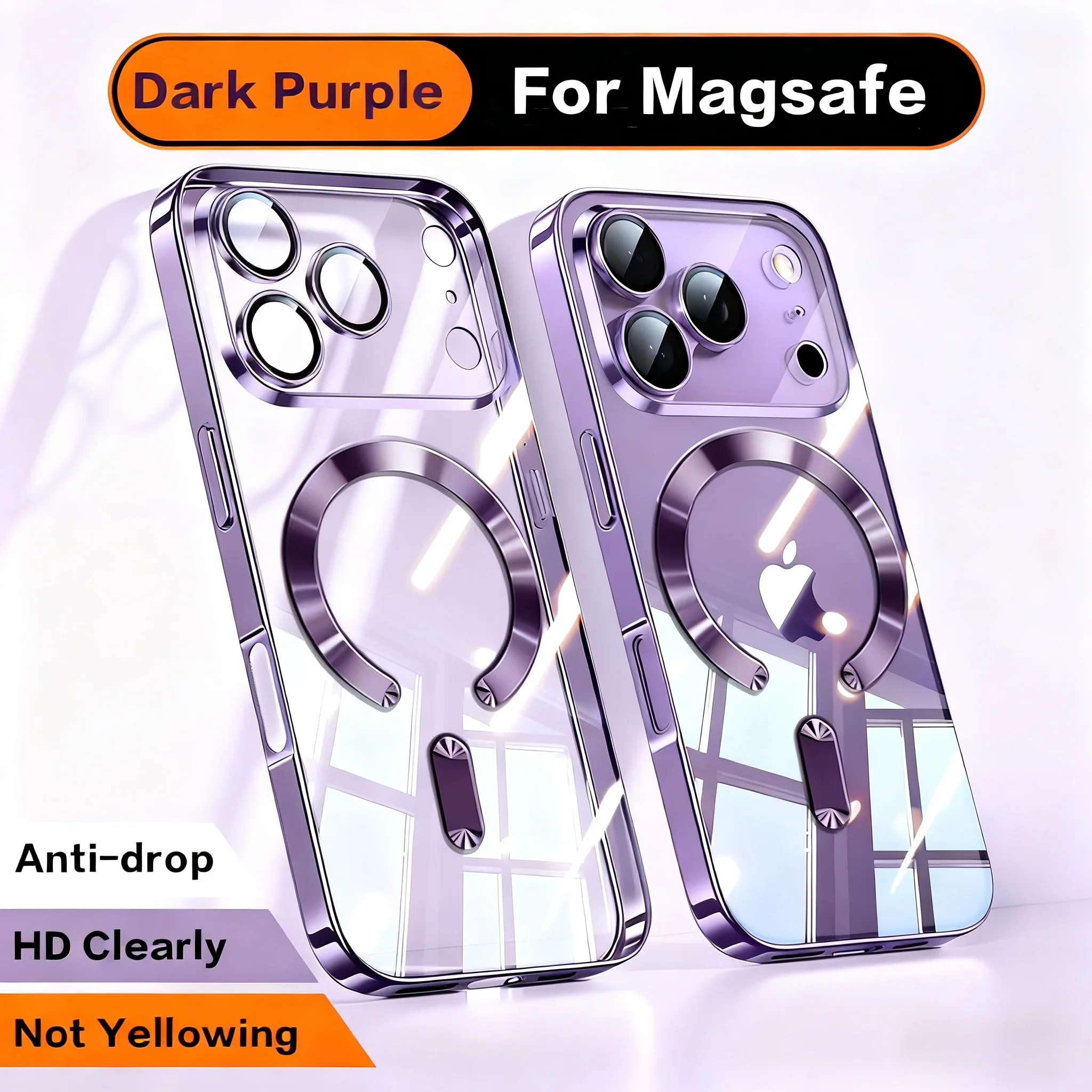 Elegant Fashion Orange Magnetic Clear Case with Wireless Charging Compatibility - Plating Soft Business Cover