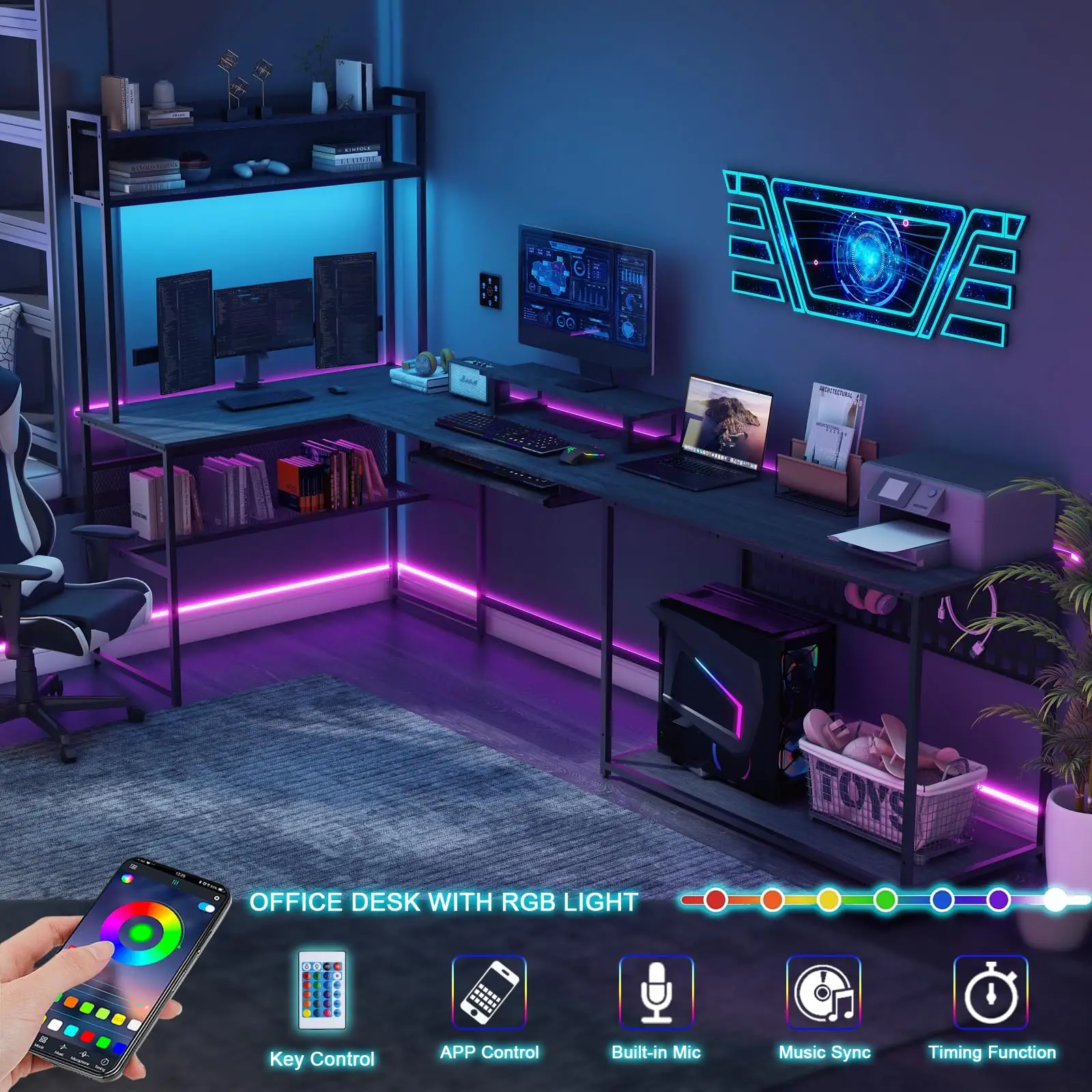 Vabches Computer Desk with Monitor Stand&LED Light Reversible Gaming Desk with Charging Station&Storage Shelves for Home Office 5