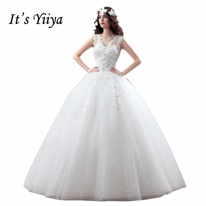 

It's Yiiya Cheap White Princess Wedding Dress Vestidos De Novia Sequins Tulle V-neck Flowers Plus size Bride Ball Gown XXN121