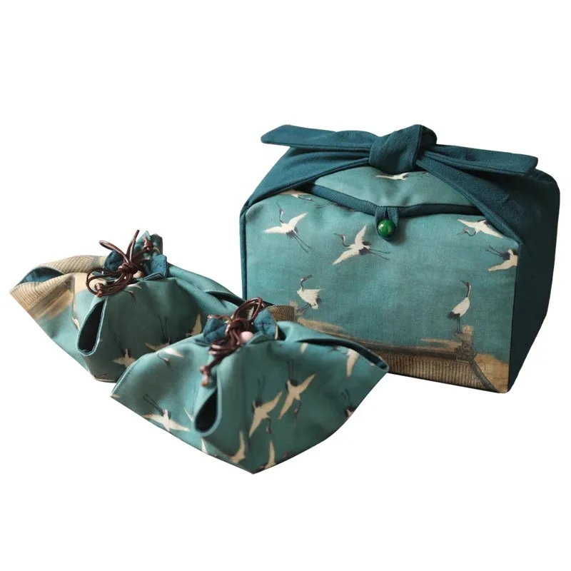 Tea Cup Bags with Drawstring Foldable Cloth Bag Chinese Style Printed, Scenic Travel Bag Teapot Tea Set Storage Organizer