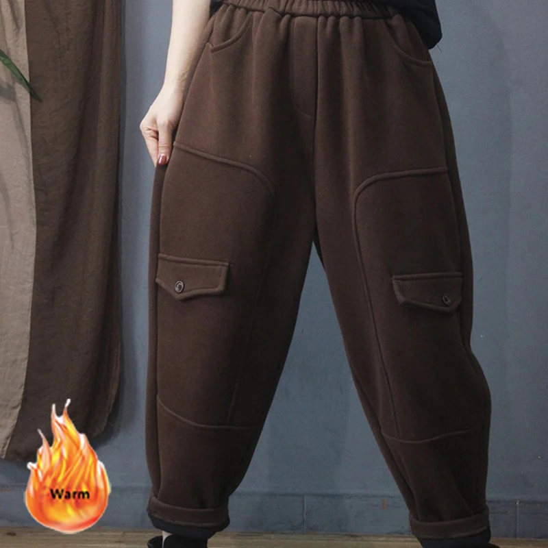 Vintage Fleece Lined Jogger Pants Women Casual Pocket Casual Harem Pantalones Oversized Baggy Straight Ankle-Length Trousers