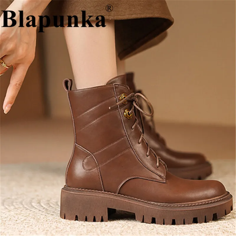 

Blapunka Genuine Leather Women Lace-up Boots Handmade Black Brown Chunky Heel Platforms Round Toe Motorcycle Boots Autumn Winter