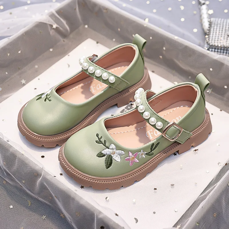 Girls Embroidery Princess Shoes 2024 Spring and Autumn Soft Bottom Children's Baby Leather Shoes Little Girl Shallow Mouth Shoes - 4