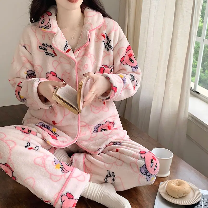 2024 New Cartoon Flannel Pajamas Women Winter Loungewear Cardigan Suit Female Sweet Leisure Long Sleeve Casual Nightclothes Set