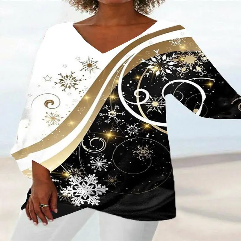 

Plus Size Women Asymmetrical Long Sleeve V-neck Graphic Printed Top