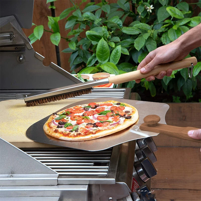 Pizza Stone Cleaning Brush Stalk Fiber Coconut Palm Shell Rubber Wood Long Handle Pizza Tool