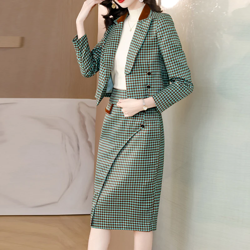 Spring Women Plaid Formal Business Small Blazer Suit Sets Elagant