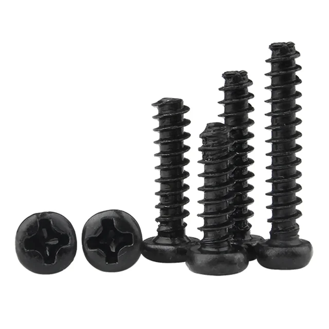 100 ชิ้น M1 M1.2 M1.4 M1.7 M2 M2.3 M2.6 M3 M3.5 M4 M5 Cross Recessed Pan Head สกรูเหล็กคาร์บอนสีดํา Phillips 5