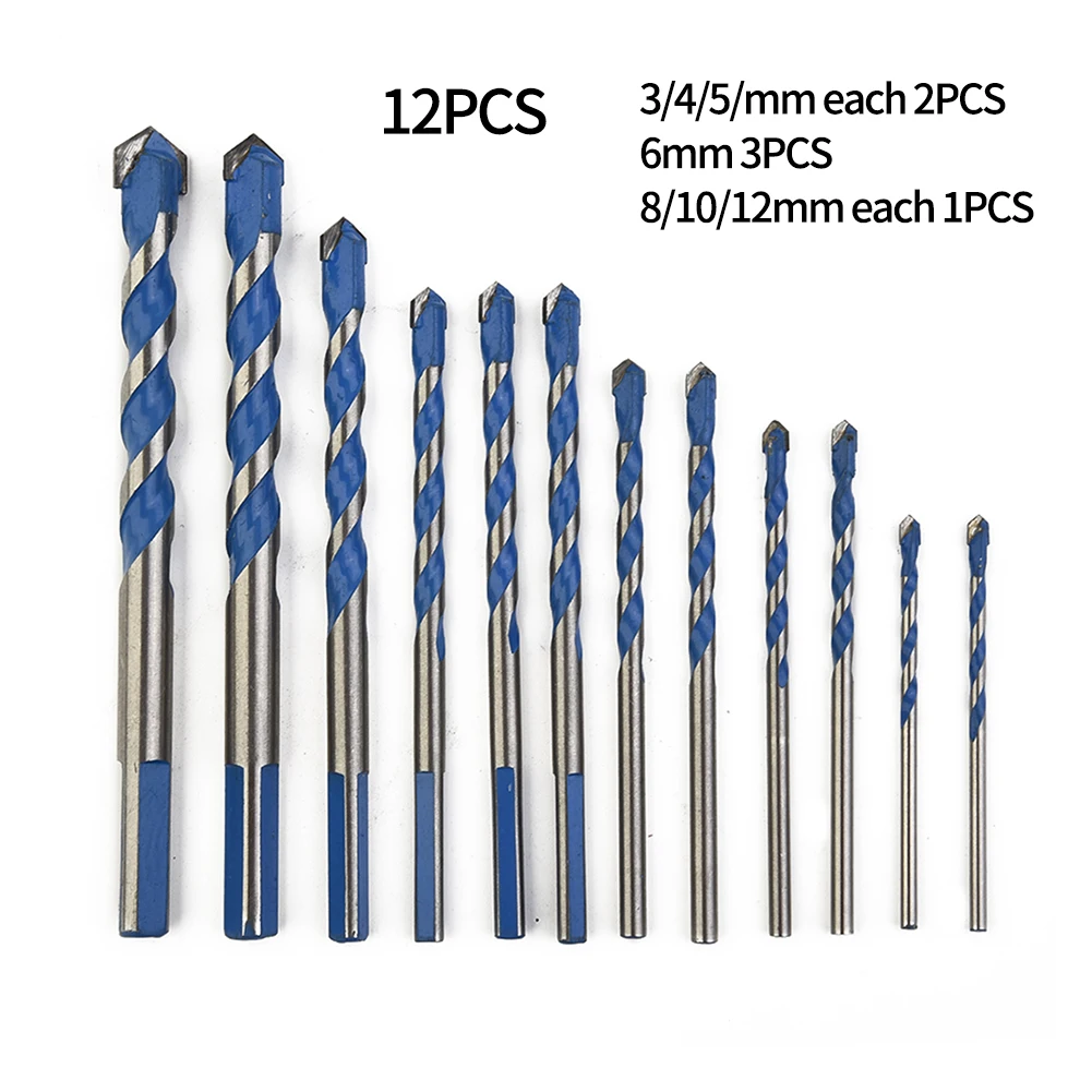 

12pcs Drill Bits 3/4/5/6/8/10/12mm Size Carbide Multi-purpose Drlling Brick Stileswood Aluminium No-Slip Drill Tool Part