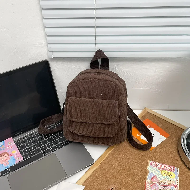 

New Fashion Women's Mini Corduroy Backpack Solid Color Small Student Bookbag Casual Travel Bag