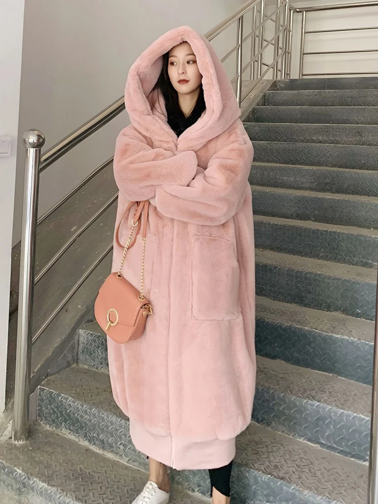 ZADORIN High Qaulity Long Faux Rabbit Fur Coat With Hood