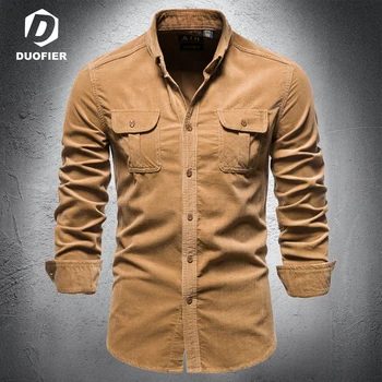 Top Quality Mens Formal Dress Shirts Long Sleeve Pure Cotton Business Slim Fit EU Size Office Man Corduroy Homme Casual Fashion