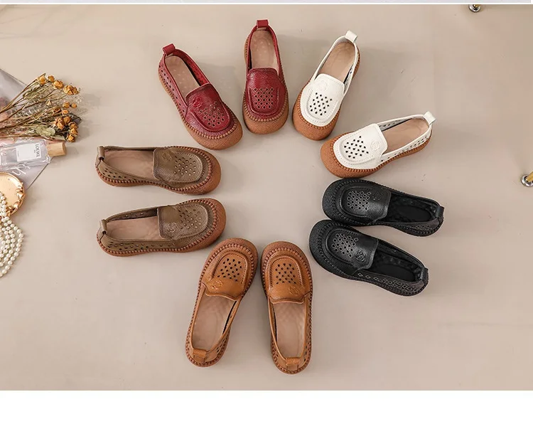 Neue authentische Leder-Slipper-Flats für Damen, alte perforierte, atmungsaktive Mokassins für Damen, exquisite geprägte Rosen-Loafer-Schuhe – Detail 32