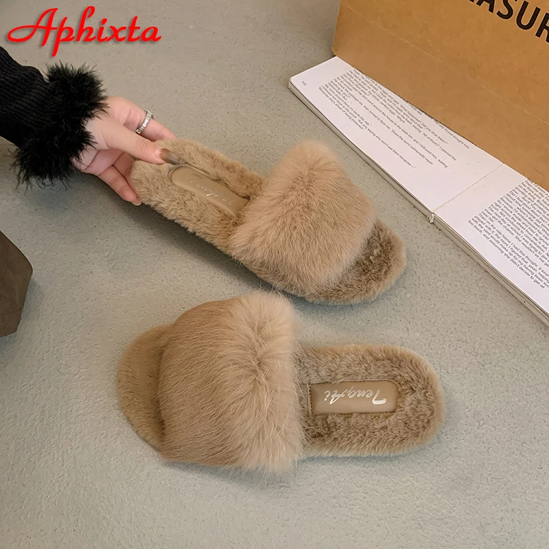 Aphixta Khaki Flat With Furry Women Slippers Rabbit Hair Modern Slides Shoes Soft Fur Slippers Fashion Woman Shoes