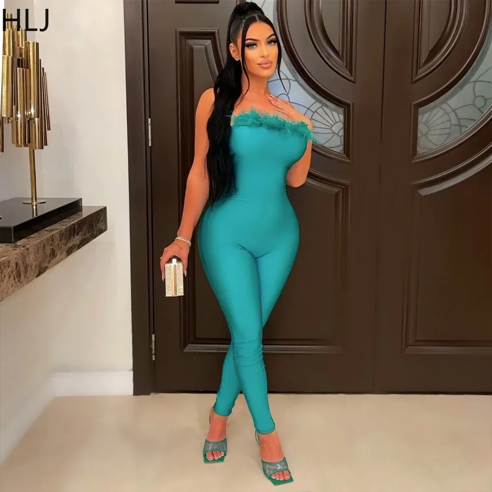 HLJ Sexy Feather Splicing Solid Bodycon Jumpsuits Women Off Shoulder Sleeveless Skinny Pants Playsuits Female Party Club Overall