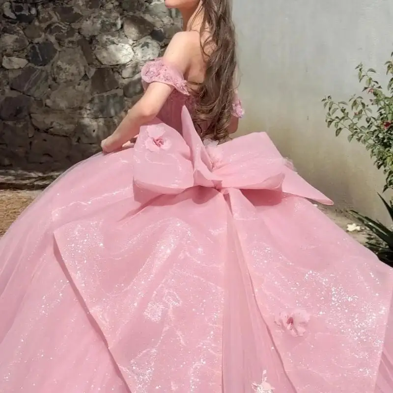 Розовое блестящее милое платье 16 Quinceanera с открытыми плечами, шикарное платье из тюля с аппликацией и бусинами для вечеринки на день рождения, vestidos de 15