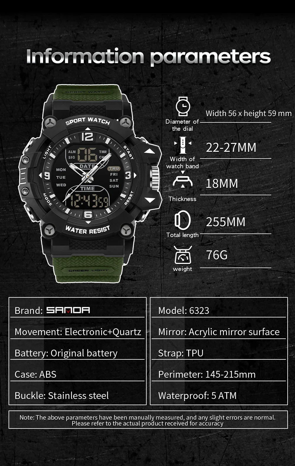 SANDA 6323 Men's Electronic Watch Dual Display Luminous Waterproof Student Watch Outdoor Sports Multifunctional Digital Watch view 5