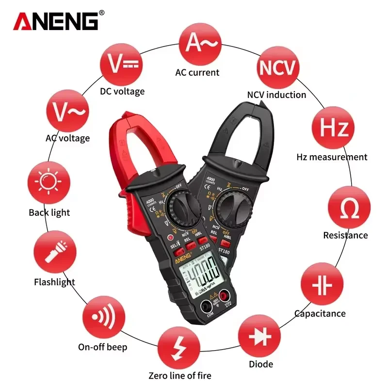 ANENG ST180 4000 Counts Digital Clamp Meter AC Current Multimeter Ammeter Voltage Tester Car Amp Hz Capacitance NCV Ohm Tool 1pc 4