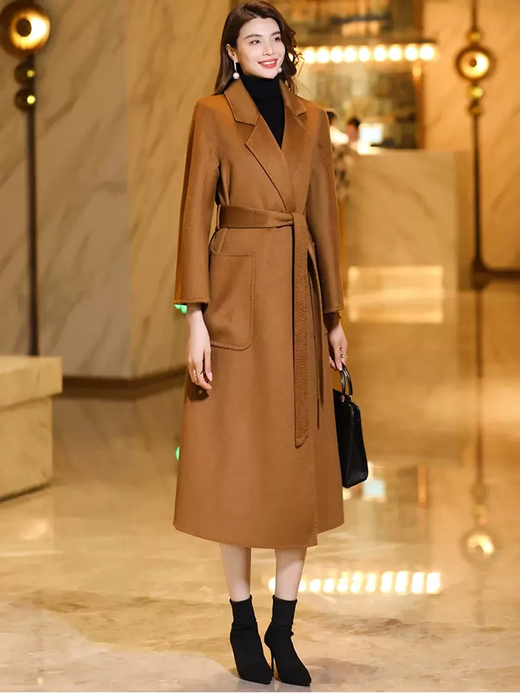 New Women Autumn Winter Caramel Double-faced Woolen Coat Elegant Fashion Turn-down Collar Lace-up Medium Long Wool Blended Coat
