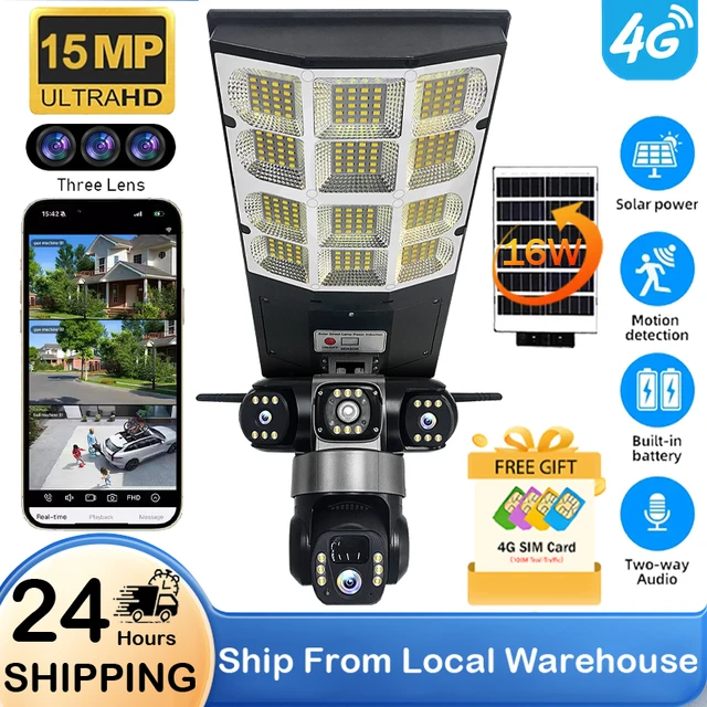 Солнечная камера с тройным объективом 15MP 4G и дистанционным управлением, уличный фонарь на солнечной энергии, внешние камеры мониторинга, поддержка гуманоидного трека