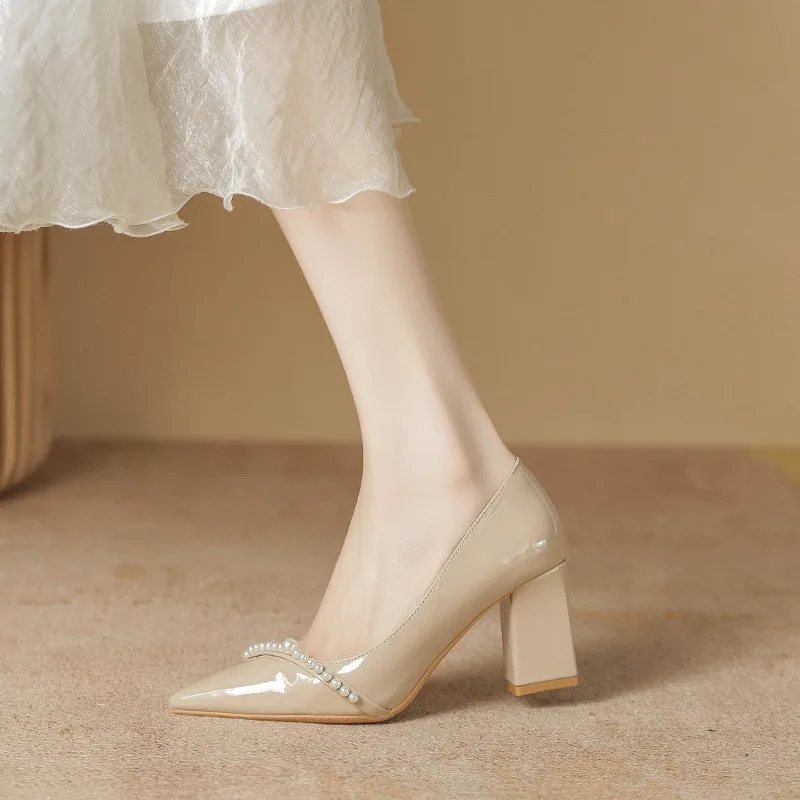 

Shallow Mouthed Single Shoes for Women Pointed Toe Thick Heels Women Shoes Wine Red High Heels Single Shoes Women Pumps 41-165