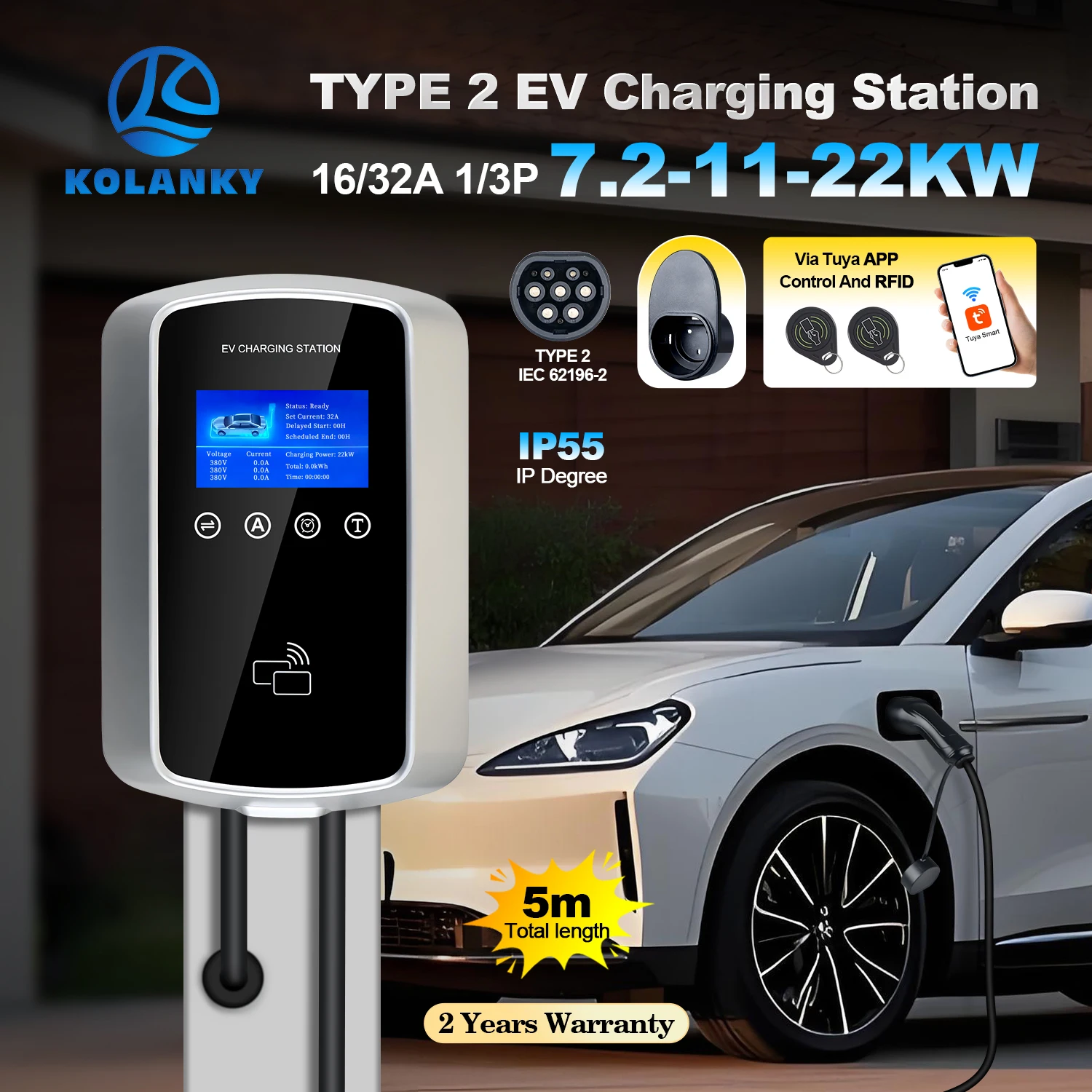 Kolanky EV Charger 32A 7.2KW Electric Vehicle Car Charger EVSE Wallbox 11KW 22KW 3P Type2 Cable IEC62196-2 Socket APP Control