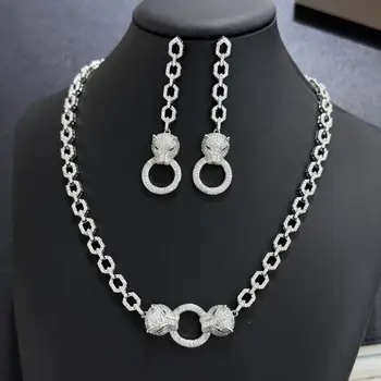Women's S925 Silver Needle Personalized Leopard Animal Long Earrings with Zircon Necklace And Bracelet Set Female 1