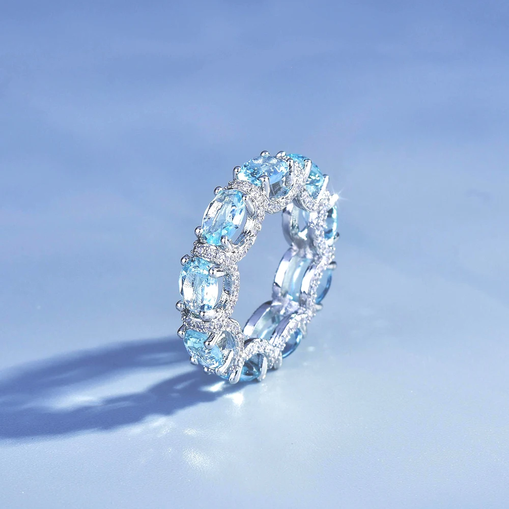 

Astuyo Wish Sweet Princess Style Band Ring Full Zirconia Stones Aquamarine Row Rings for Women Girls Party Birthday Present Gift