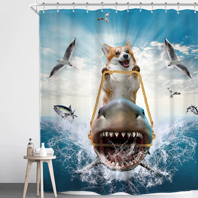 Funny Shark Dog Shower Curtains Sea Waves Fish Birds Cute Animal Bath  Curtain Polyester Children Home