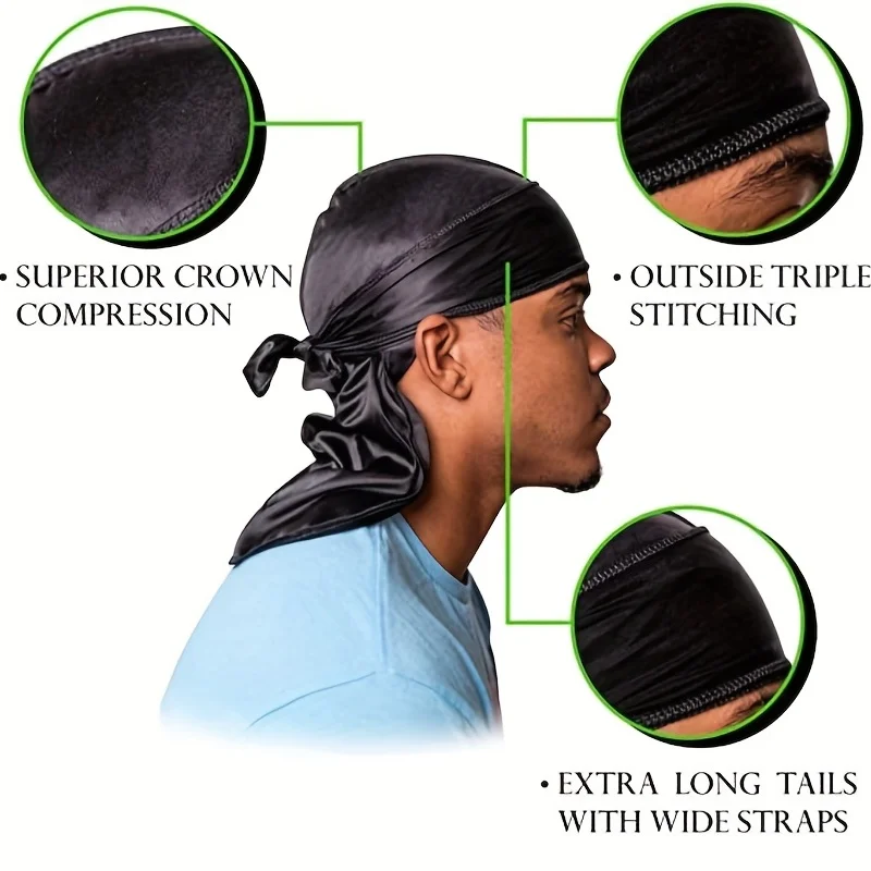 Silk Durag Men's Silk Durag Bonnet Bandana Silky Du Rag Doo Rag Long Tail Waves Cap