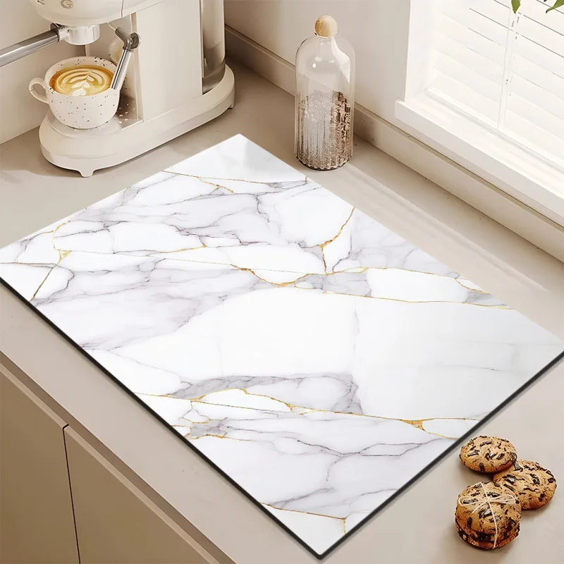 Alfombrilla de secado de platos de cocina con estampado de mármol, antideslizante, súper absorbente, para puerta de entrada de la habitación del hogar, decoración, almohadilla de drenaje de vajilla, l