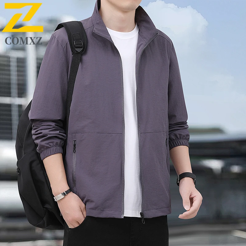 EiAO Jacket Men Stand Collar Korean Style Slim Fit Casual Coat Plus Size Waterproof Windproof Outdoor for Hiking Camping Fishing