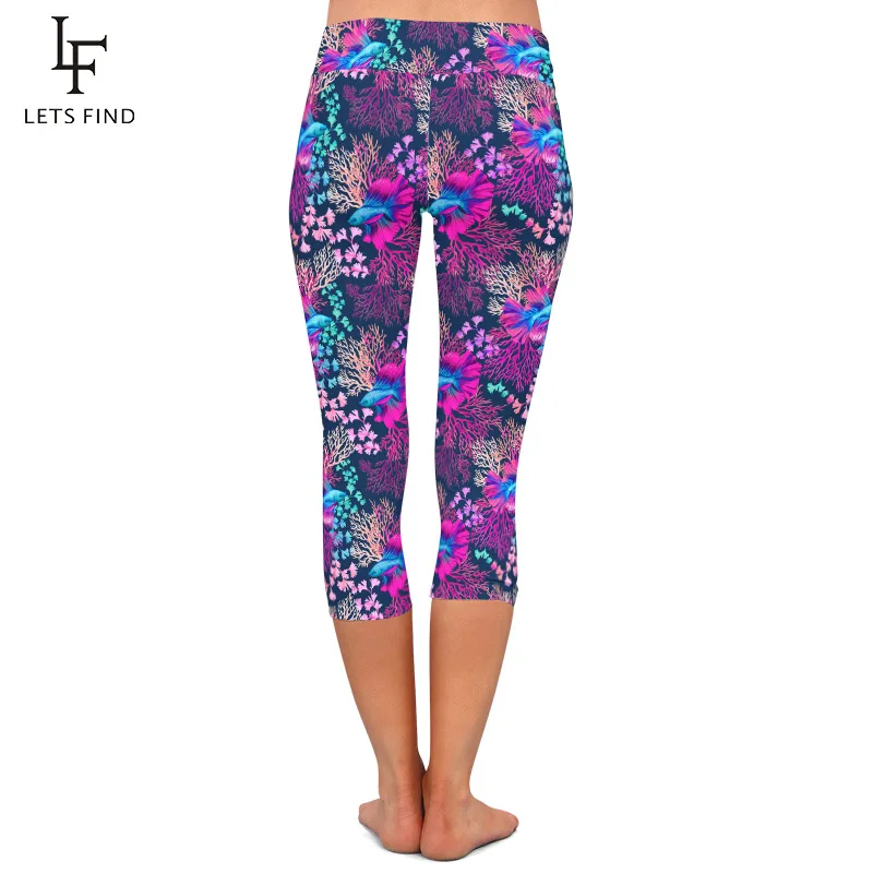 LETSFIND Summer High Quaility 3D Rainbow Fish Printing Women Capri Leggings High Waist Soft Fitness Mid-Calf Leggings