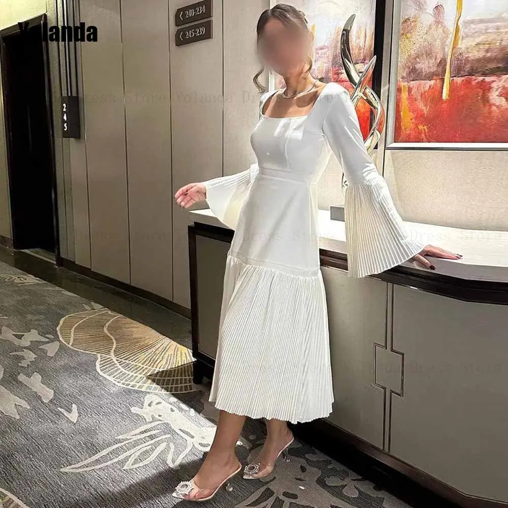

High Quality Simple A-line Wedding Dress Strapless Full Open Back Square Draped Pleat Bride Dresses Anke Length robe de mariée