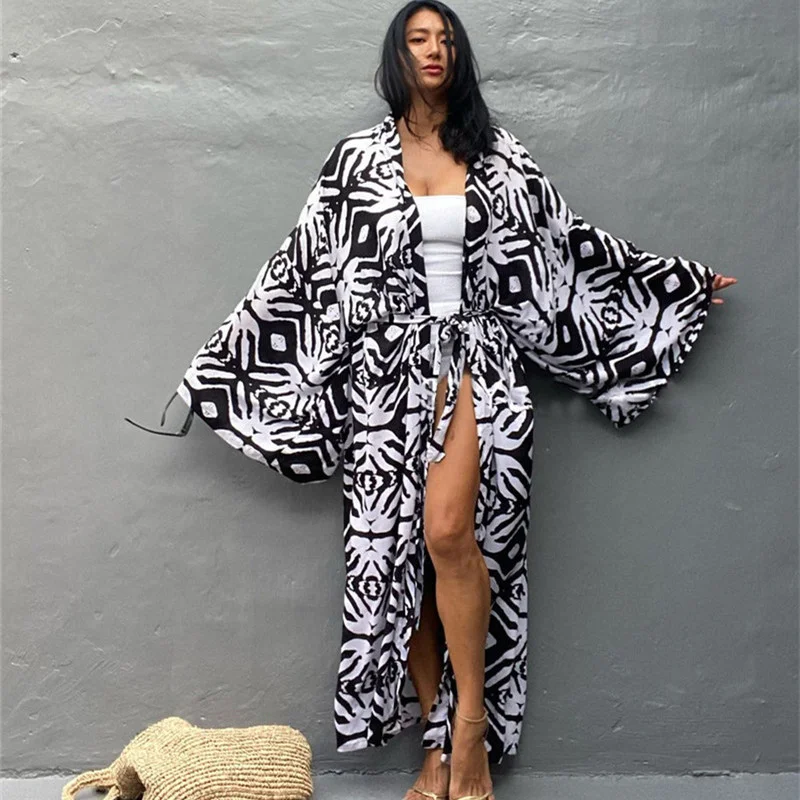 Sexy Bikini Cover-ups Deep V Neck Long Cardigan Tunic  Printed Summer Beach Dress Kimono Women Clothes Beachwear Swim Suit Cover