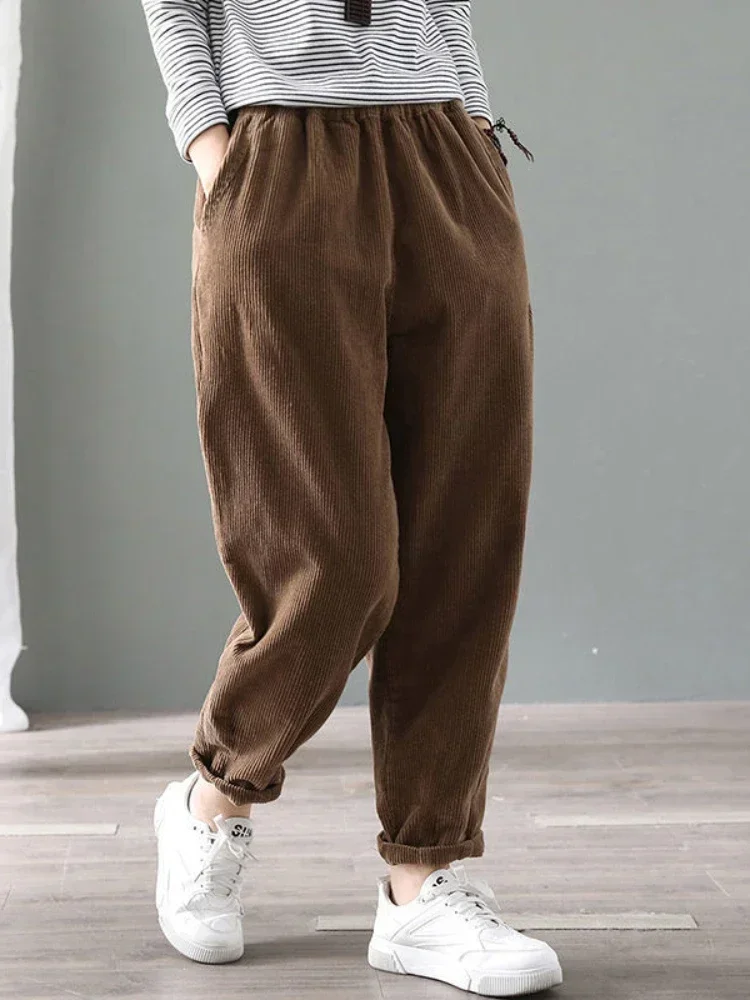 Velvet Warm Winter Pants for Women Elastic Waist Corduroy Harem
