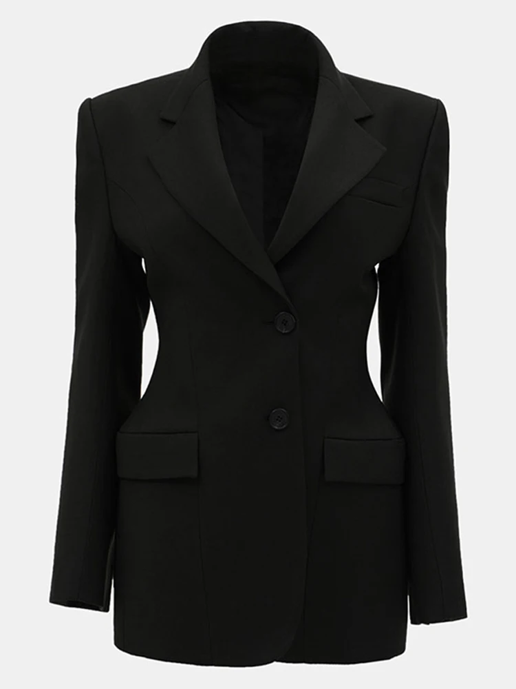 Elegant Solid Slim Blazer Jacket Women Long Sleeve Lapel Shoulder Pads Single Breasted Coat 2025 Spring Lady Office Outwear 6