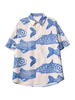 Oversized American Style Fried Street Fashion Small Fish Print New Personalized Mens Shorts Casual Shirts For Summer 2