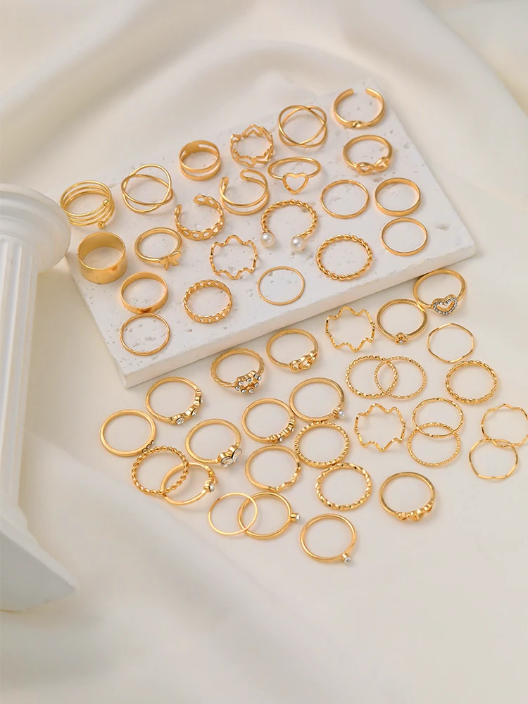 50 Pcs Vintage Gold Color Rings Set for Women Boho