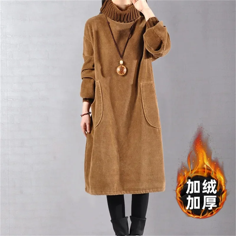 Knit High Neck Velvet Plus Long Corduroy Dress Female Pocket Dress SPring Autumn Dress Women's Long Knitted Dress Female Pullove