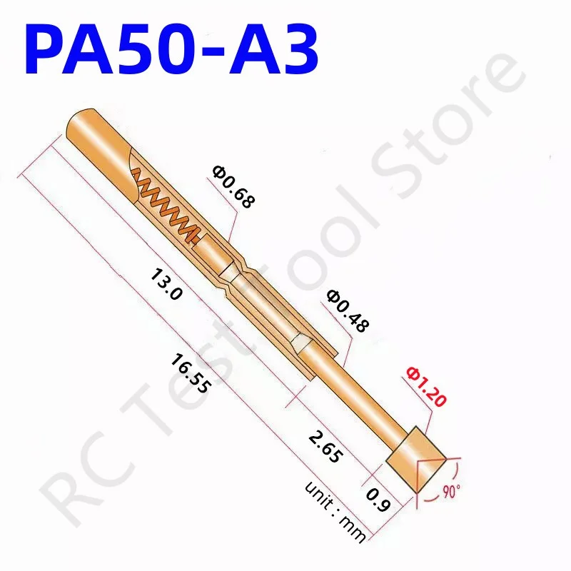 

20/100PCS PA50-A3 Spring Test Probe PA50-A Test Pin Test Tool 16.55mm Dia0.68mm Gold Needle Tip Dia 1.20mm Pogo Pin P50-A P50-A3