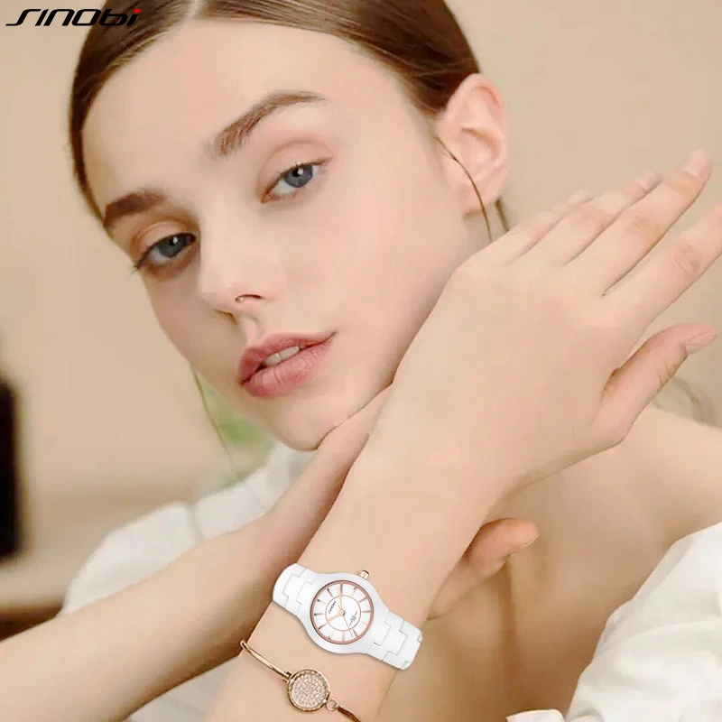 SINOBI Fashin White Ceramic Strap Woman Watches New Top Luxury Stainless S Ladies Quartz Wristwatches High Quality Women's Clock images - 6