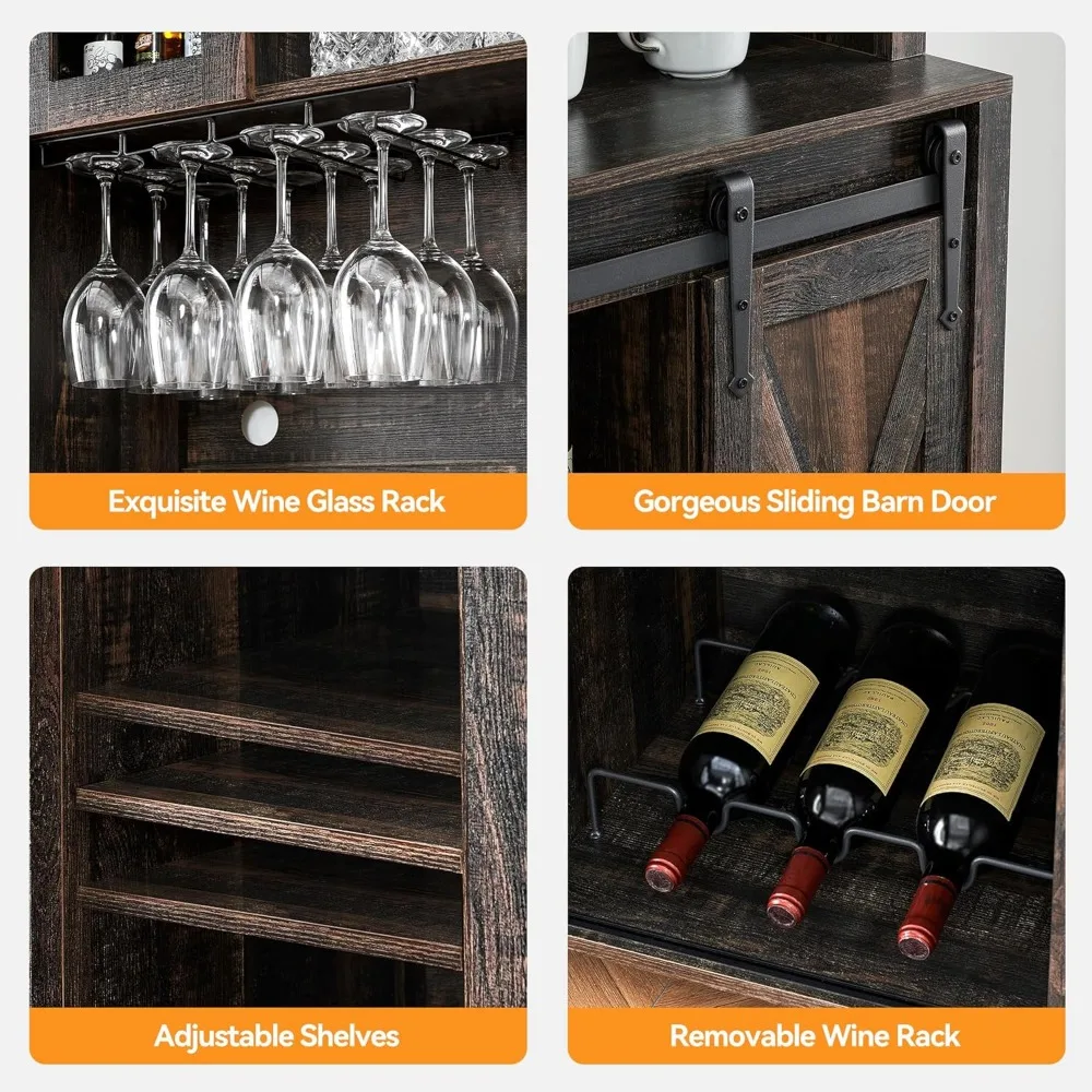 Farmhouse Coffee Bar Cabinet with Sliding Barn Door, 70" Tall Buffet Cabinet with Storage Shelves, Liquor Wine