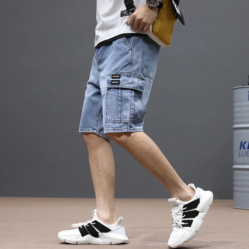 Summer Men\'s Fashion Pocket Baggy Jeans Shorts Loose Straight Capris Jeans For Men Streetwear Cargo Short Pants