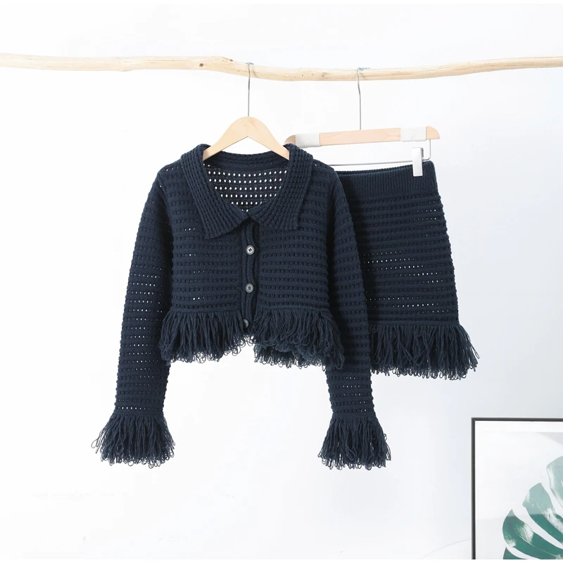 Description Picture 6 of itemFringe Knit Slim Mini Skirt Suit Women Fashion Turndown Collar Half Breasted Long Sleeve Top Female Set 2025 Spring Lady Sets