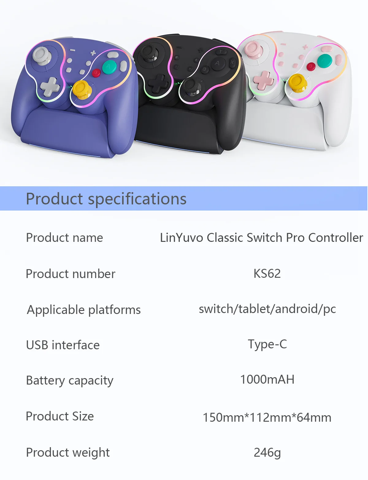 LinYuvo Gaming for Switch/Tablet/Android/PC with Wireless Charging Base, Mechanical Button Game Controller