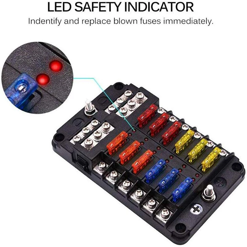 Fuse Box Holder Fuse Holder Fuse Box Power Distribution Block Marine Fuse Block Car Boat Fuse Box Holder With 12 Way Blade Fuse Holder Block & Warning Indicator 12V~24V Power Distribution Panel Board